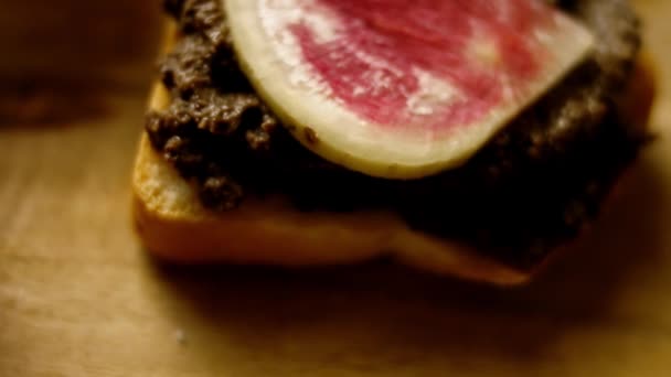 Antarctica Cuisine Secret. Mushroom Pate sandwich with Red Radish. 4k Recipe — Stock Video