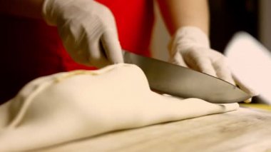 Eller çırpılmış yumurtayla Wellington usulü çiğ sığır etinin yakınına kase koyar. 4k video
