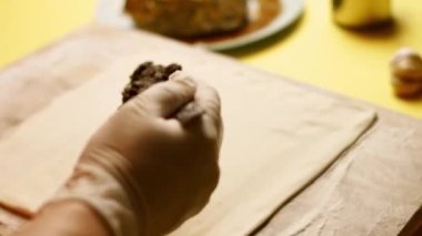 Eller çırpılmış yumurtayla Wellington usulü çiğ sığır etinin yakınına kase koyar. 4k video