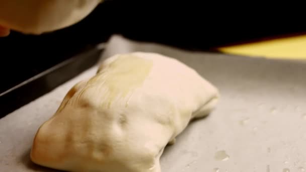 Hands puts bowl with beaten egg close to formed raw beef Wellington. 4k video — Stock Video