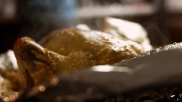 Ik heb de gebakken eend uit de oven gehaald. De eend geeft stoom en ziet er erg smakelijk uit — Stockvideo