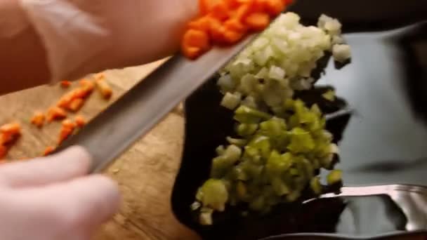 Şef salata için keskin bir bıçakla havuç keser. Erkek şef evde mutfakta salata hazırlıyor. Restoranın mutfağında lezzetli bir yemek pişirmek. Malzemelerin hazırlanması. Her gün sağlıklı yemek. — Stok video