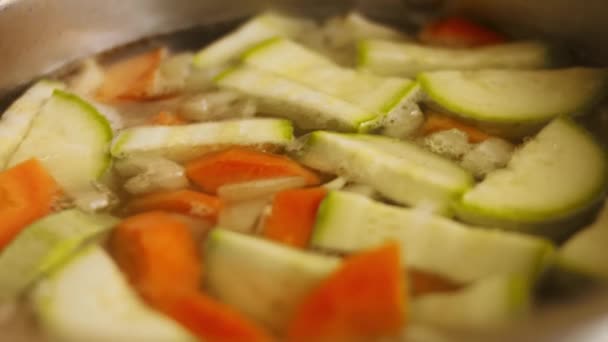野菜、ニンジン、カボチャ、玉ねぎを茹でてください。4k撮影ビデオレシピ — ストック動画