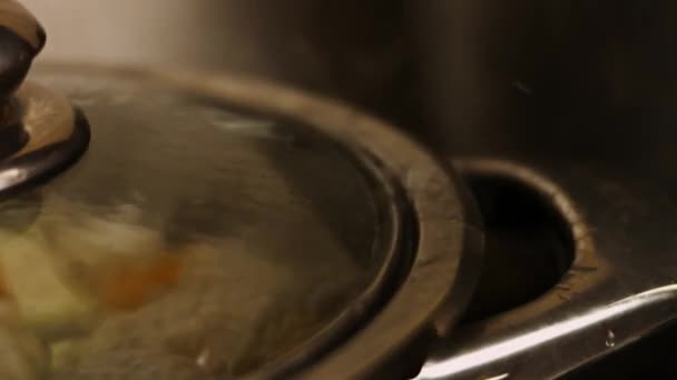 Βράζουμε λαχανικά, καρότα, κολοκύθα και κρεμμύδια. 4k κινηματογραφική συνταγή βίντεο — Αρχείο Βίντεο