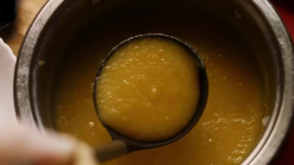Gira el plato de sopa de crema. Sabroso fácil sopa de crema de carne para las nuevas mamás. 4k video receta — Vídeo de stock