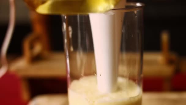 Rezept von hausgemachter Mayonaisse. Ich koche Olivenöl und Sonnenblumenöl in einem Mixer. 4k Video Rezept — Stockvideo