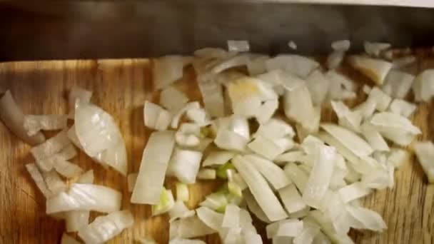 Tagliare finemente la cipolla. Gustosi hamburger verdi a basso contenuto calorico. Cibo per le nuove mamme. Ricetta video 4k — Video Stock