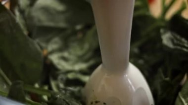 Ispanağı şeffaf bir kasede karıştırıyorum. Lezzetli düşük kalorili yeşil burgerler. Yeni anneler için yemek. 4k video tarifi