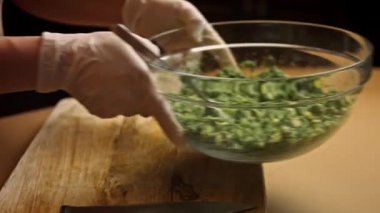 Tüm malzemeleri karıştırın. Lezzetli Düşük Kalorili Yeşil Burgerler. Yeni anneler için yemek. 4k video tarifi