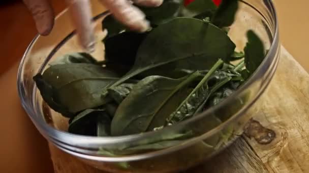 Ho messo gli spinaci in una ciotola trasparente. Gustosi hamburger verdi a basso contenuto calorico. Cibo per le nuove mamme. Ricetta video 4k — Video Stock