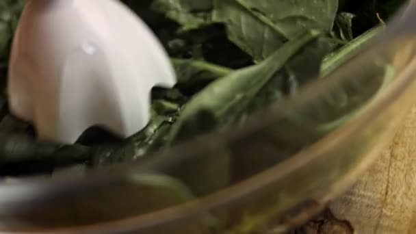 Frullare gli spinaci in una ciotola trasparente. Gustosi hamburger verdi a basso contenuto calorico. Cibo per le nuove mamme. Ricetta video 4k — Video Stock