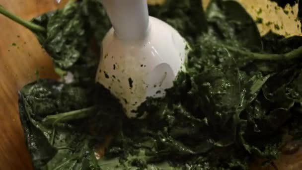 Ik meng de spinazie in een transparante kom. Lekkere Low-Calorie Groene Burgers. Voedsel voor nieuwe moeders. 4k video recept — Stockvideo