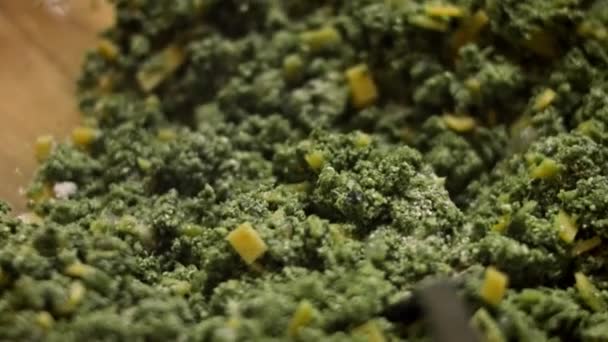 Meng alle ingrediënten Lekker Caloriearme Groene Burgers. Voedsel voor nieuwe moeders. 4k video recept — Stockvideo