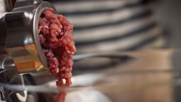 私は肉のグラインダーに牛肉を入れて.ファルシャー・ハセレシピ。4kビデオレシピ — ストック動画