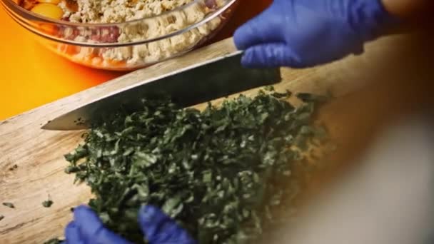 Cut the small parsley. Falscher Hase recipe. 4k video recipe — Stock Video