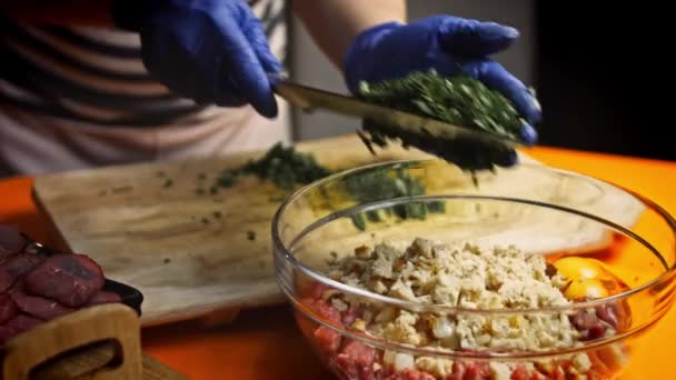 Προσθέστε μαϊντανό στο μείγμα κρέατος. Συνταγή του Falscher Hase. 4k συνταγή βίντεο — Αρχείο Βίντεο
