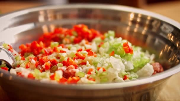 Acrescento o sal à carne picada com verduras. 4k vídeo — Vídeo de Stock
