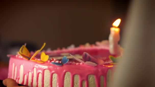 Glückliches kleines Mädchen, das seinen Geburtstag feiert, während die Familie die Kerzen auf ihrer Torte ausbläst. Eltern und Großeltern beobachten kleines Kind beim Ausblasen von Tortenkerzen — Stockvideo