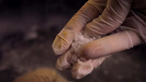 Pus sal marinho sobre a carne frita. 4k vídeo — Vídeo de Stock