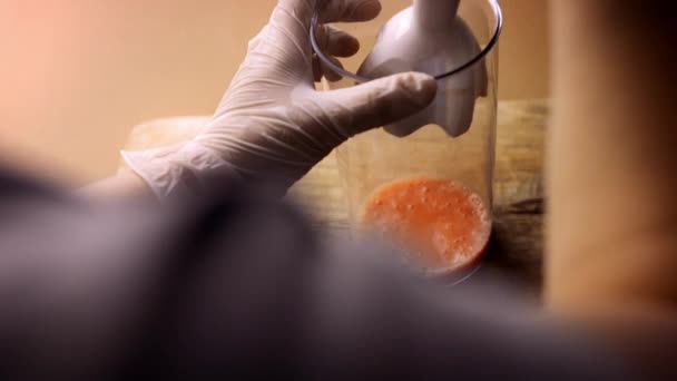 Mettre les tomates rouges et le jus de viande dans un mélangeur. Vidéo 4k — Video