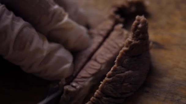Corte a carne em pequenos pedaços. 4k vídeo — Vídeo de Stock