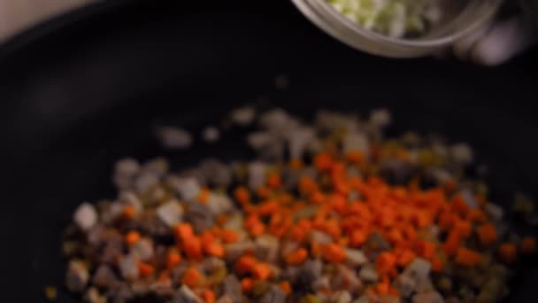 Agregue la sandía finamente picada a la mezcla de freír. Preparo chiles poblanos rellenos mexicanos en salsa de nuez. Vídeo 4k — Vídeo de stock