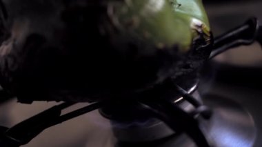 Ateşte kızarmış yeşil biber. Ceviz soslu Meksika Poblano Peppers 'ı hazırlıyorum. 4k video