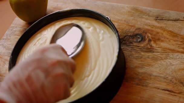 Ρίξτε το μείγμα των συστατικών cheesekake στο ταψί. Βίντεο 4k — Αρχείο Βίντεο