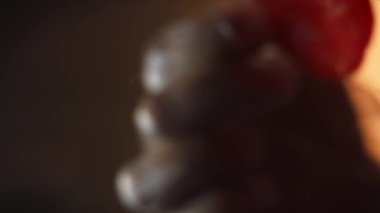 Hamburgerin içine doğranmış domates koydum. Camın altından çekiyoruz. Klasik Amerikan hamburgerinin tadına bak. 4k video yavaş çekim