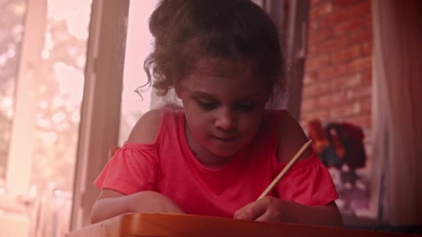 La chica dibuja en papel y disfruta. Educación de mesa. Vídeo 4k — Vídeos de Stock