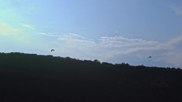 Rückansicht eines Fallschirmspringers, der mit einem Flügelfallschirm in der Luft kreist. Handeln. Professioneller Fallschirmspringer zieht die Schlinge, um den Fallschirm zu steuern, während er auf grauem bewölkten Himmel fliegt — Stockvideo