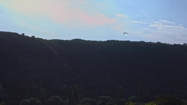 Rear view of a parachutist circling in the air with a wing parachute. Action. Professional sky diver pulling the sling to control the parachute while flying on grey cloudy sky background — Stock Video