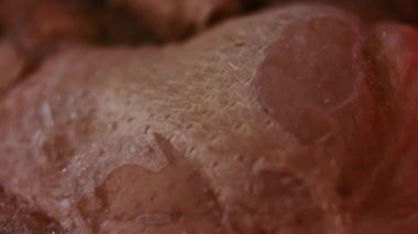 Eldivenli ellerin yakın plan görüntüsü tavuk bacağını bir kutudan ayrı plastik poşetlere paketliyor. Evde daha fazla kullanılmak üzere dondurulmuş etin süreci. Işık oynatma ile 4k video