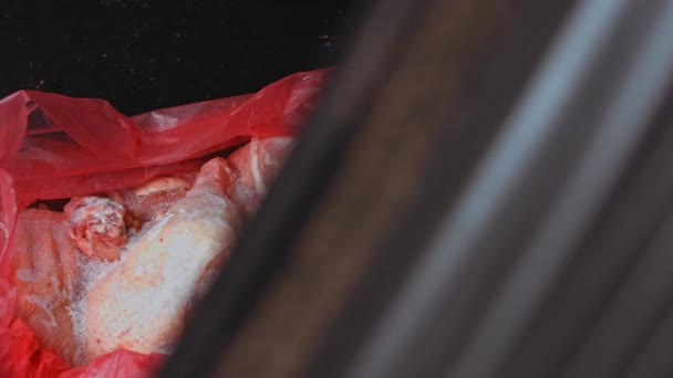 L'operaio mette la scatola di carne congelata nel bagagliaio dell'auto. 4k video — Video Stock