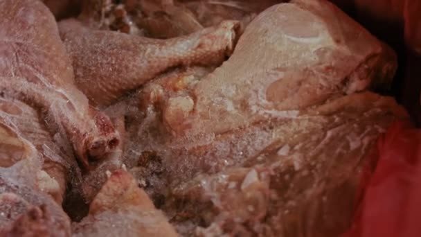 Vue rapprochée des mains dans des gants emballant les cuisses de poulet d'une boîte dans des sacs en plastique individuels. Procédé de congélation de la viande pour une utilisation ultérieure à la maison. Vidéo 4k avec lecture légère — Video