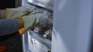 Kadın buzdolabına koyar tavuk keser ve dondurucunun kapısını kapatır..