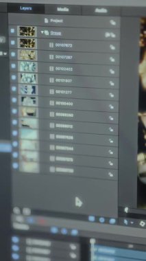 Bir projede kullanılan içeriye aktarılmış medya dosyalarının bir listesini içeren bir video düzenleme yazılımının katman paneli.