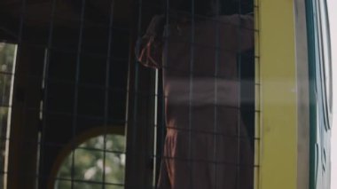 Küçük kız oyun parkındaki bir kaydırağın üstünde merdivenleri tırmanıyor. Çocukluk, mutluluk ve sağlıklı yaşam tarzı.