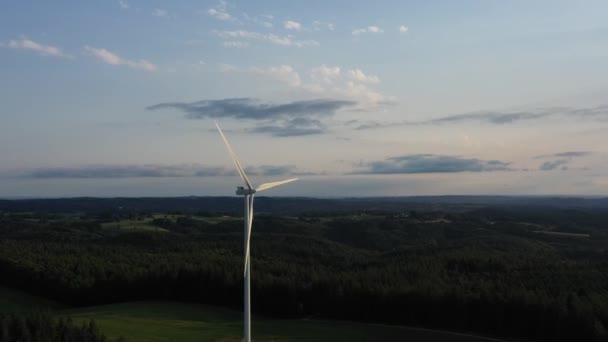 Rastreamento Drone Traseiro Uma Turbina Eólica Uma Floresta Pinheiros Vídeo — Vídeo de Stock