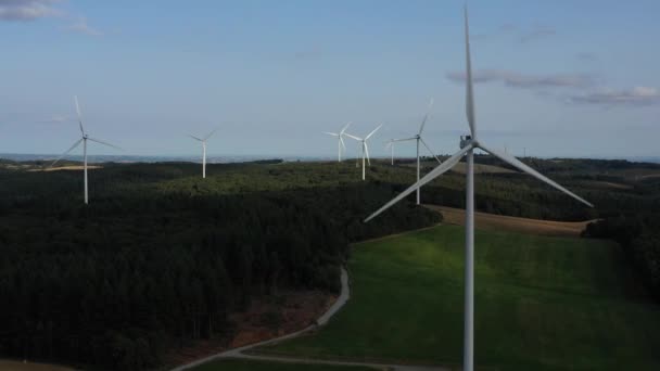 Drone Shot Van Dennenbos Een Windturbine Voorgrond Zes Windturbines Achter — Stockvideo