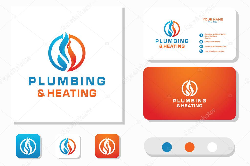 Flame and drop water, cooling and heating logo template. Plumbing, heating, gas supply, air conditioner, service and repair vector design. Renewable energy source illustration and Business Card