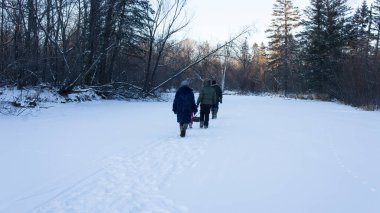 Bir aile kış ormanında yürür