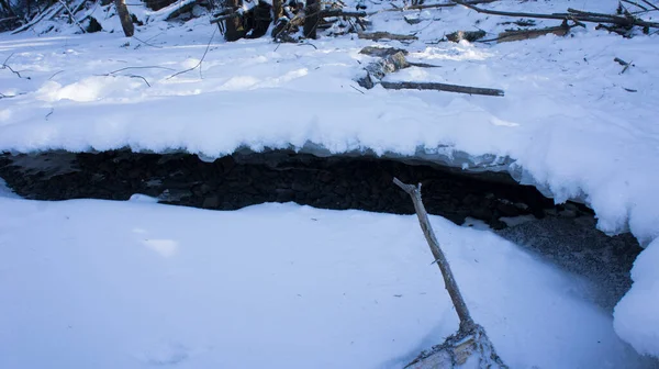 Led na zamrzlé řece, sníh a led v zimě v lese — Stock fotografie