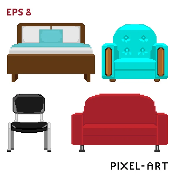Piksel sanat tarzı mobilya öğeleri kümesi. Vektör çizim — Stok Vektör
