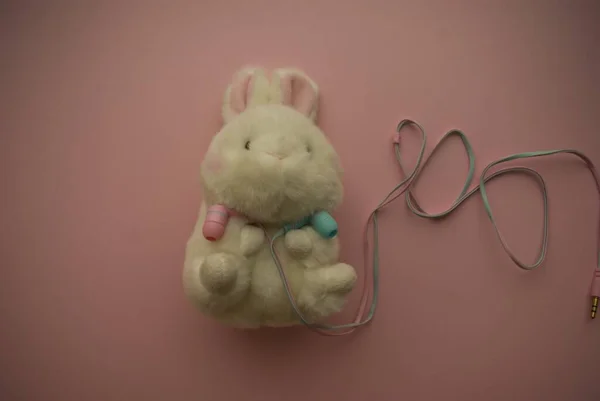 Ένα Μικρό Λευκό Χνουδωτό Βελούδινο Κουνέλι Κρατά Χρωματιστά Ακουστικά Κενού — Φωτογραφία Αρχείου