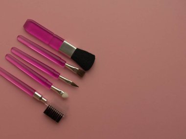 Pembe şeffaf saplı beş makyaj fırçası ve pembe arka planda metal bir merkez.