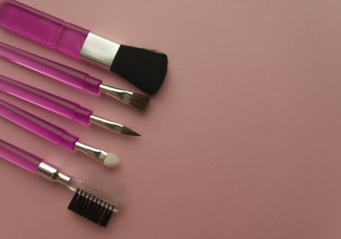 Pembe arka planda beş makyaj fırçası.