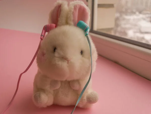 Juguete Blanco Conejo Esponjoso Con Auriculares Coloridos Auriculares —  Fotos de Stock