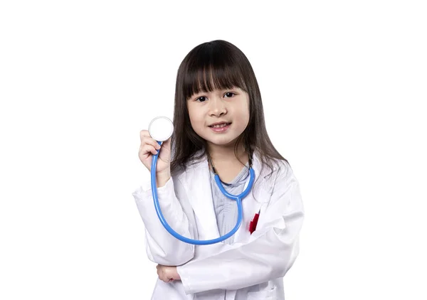 Smiling Little Girl Medical Uniform Holding Stethoscope Healthcare Medical Concept — Stock Photo, Image