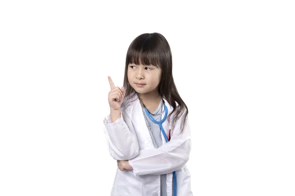 Smiling Asian Girl Wearing Glasses Medical Uniform Stethoscope Conjunction Pointing — Stock Photo, Image